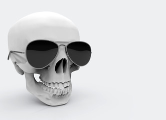 3d rendering. white skull head bone hanging black sunglasses on gray background