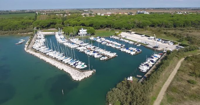 Italy coast of Eraclea sea yacht in a bay from a bird's eye view