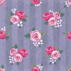 Seamless vintage romantic pattern with pink roses on gray shabby background. Retro wallpaper style. Shabby chic design. Perfect for scrapbooking, greeting cards etc