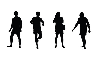 Active man posing, walking and taking picture black vector silhouettes.