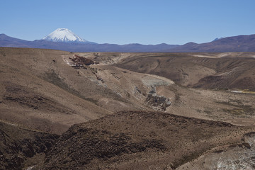 Eroded rock formations along Quebrada Chuba, a river valley high on the Altiplano of northern Chile in Lauca National Park. Snow capped peak of Volcano Parinacota in the distance.