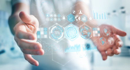 Businessman using holograms datas on digital screens 3D rendering