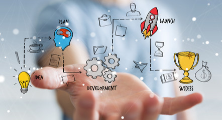 Businessman using manuscript project presentation with his hand
