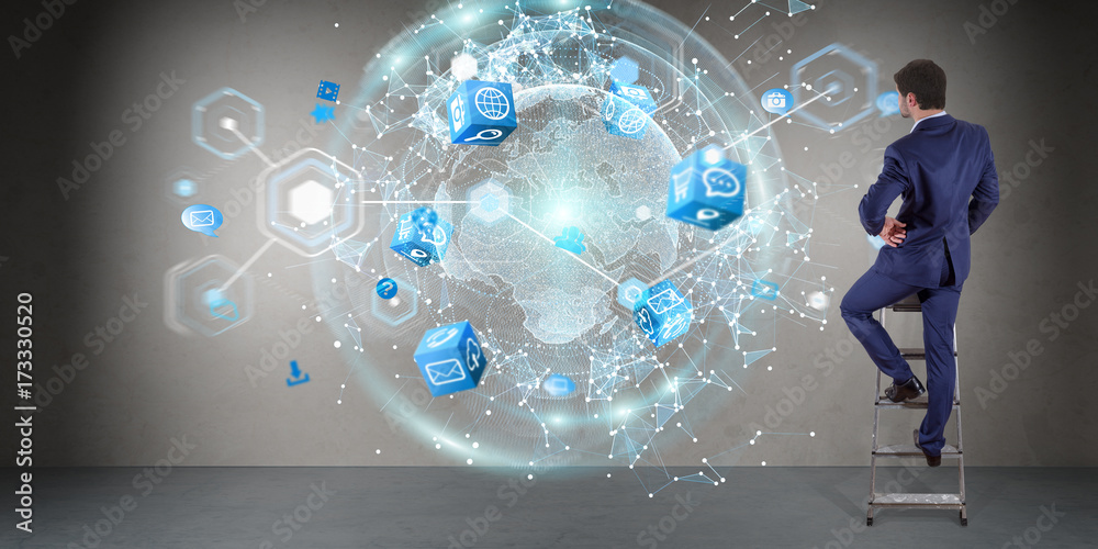 Poster businessman using digital planet earth interface on a wall 3d rendering