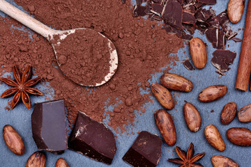 Cacao powder in a spoon with beans and chocolate