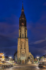 Travel Concepts. Protestant New Gothic Church (Nieuwe Kirche) on Markt Square in Dutch Old City Delft during Blue Hour, in Holland, the Netherlands