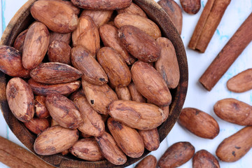 Cacao beans in a bowl with cinnamon on table