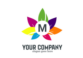 M letter logo with flower in rainbow colors