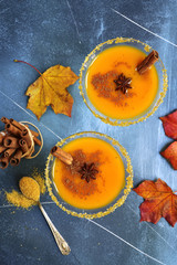 Pumpkin cocktail in a martini glasses.Top view.