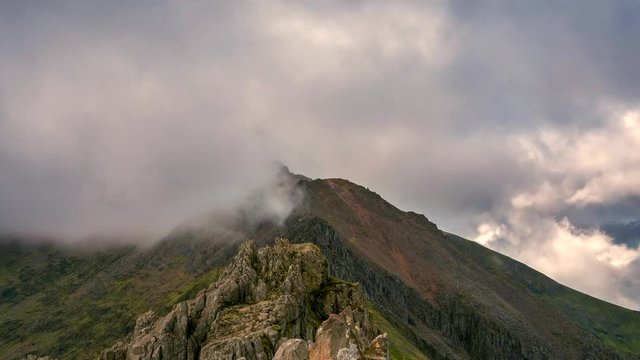 Crib Goch timelapse in Snowdonia, Wales, UK. Rolling clouds over the knife edge ridge.