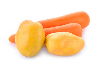 Carrots and potatoes on a white background.