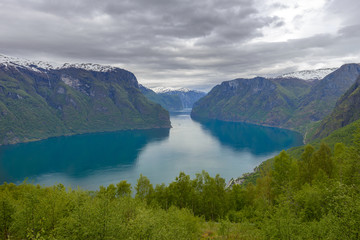 Fototapeta na wymiar Aurlandsfjord seen from Stegastein Overlook, The West Norwegian Fjords, Norway