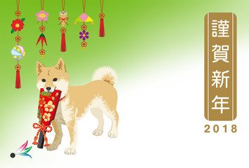 2018年　年賀状　羽子板を咥える柴犬　吊るし飾り背景