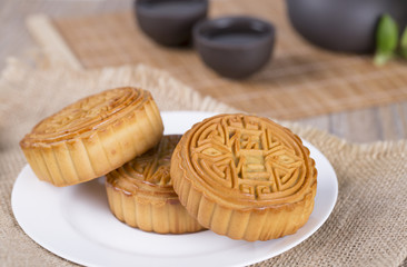 Mooncake and tea,Chinese mid autumn festival food. Closuep.