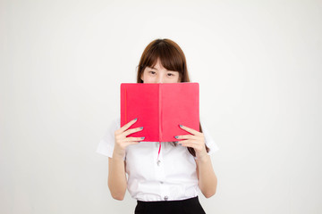 Fototapeta na wymiar Portrait of thai adult student university uniform beautiful girl read red book