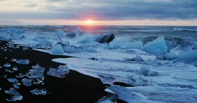 Icebergs Beach at Jökulsárlón Glacier Lagoon in Iceland