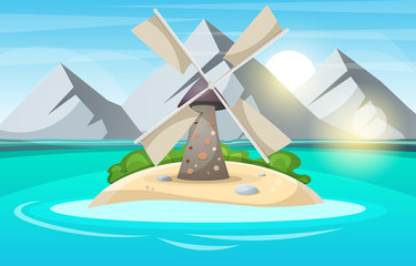 Island cartoon. Mountain, sun, cloud, wind mill sea and bush Vector eps 10