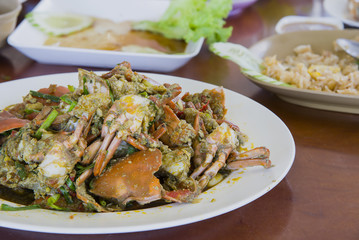 Spicy fried crab with curry powder, delicious thai food,Selective focus.