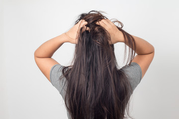 Women itching scalp damaged hair, Haircare concept. - obrazy, fototapety, plakaty