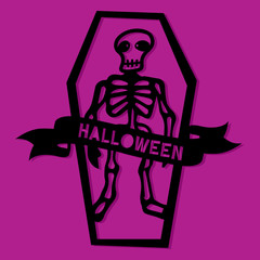 Fototapeta na wymiar Paper Cut Silhouette Halloween Skull In Coffin