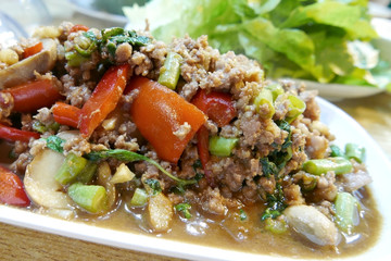 Thai food meat, vegetable and the soup in Asian resturant