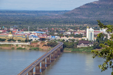 Fototapeta na wymiar Lao-Nippon Bridge, a Japanese-funded concrete suspension bridge over Mekong River at southern Lao town of Pakse in Champasak Province, Lao PDR.