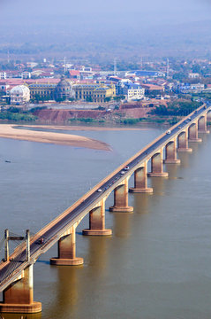 Lao-Nippon Bridge, a Japanese-funded concrete suspension bridge over Mekong River at southern Lao town of Pakse in Champasak Province, Lao PDR.