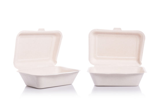 White Empty Organic Box Made From Bagasse For Food Packaging. Studio Shot And Isolated On White Background.