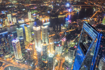 Aerial view of Lujiazui financial district at night in Shanghai,China