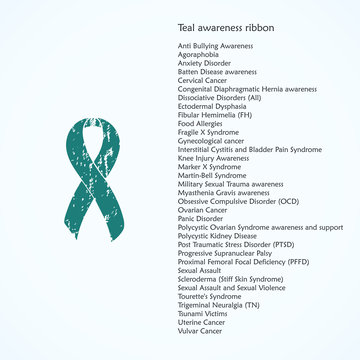 Awareness Teal ribbon Painted. Uterine, Vulvar, Gynecological Cancer, Knee Injury, Anti Bullying, Agoraphobia, Anxiety Disorder, Food Allergies, Panic Disorder. List of meanings, symbol, name of color