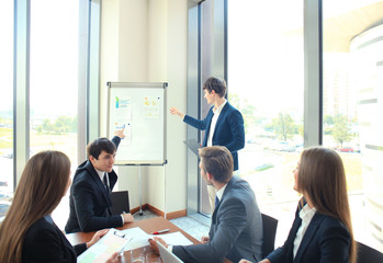 business conference presentation with team training flipchart office.