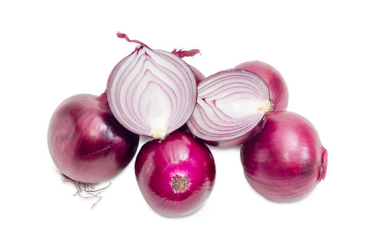 Pile of red onion on a white background