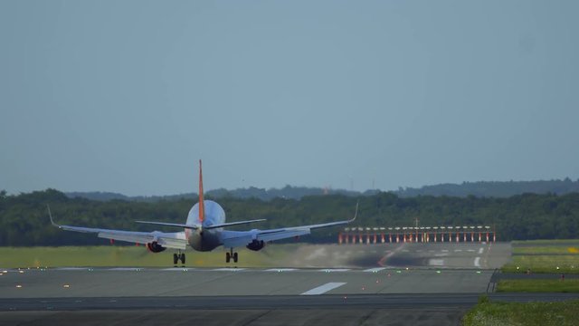 Twin engine airplane landing at Schiphol Airport