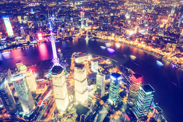 Aerial View of Lujiazui Financial District at night in Shanghai,China