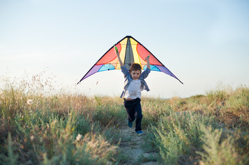 fast little boy runs across the field with a kite in his hands over his head