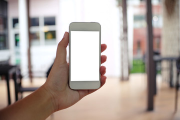 Close up of women's hands holding cell telephone blank copy space screen. smart phone with technology concept