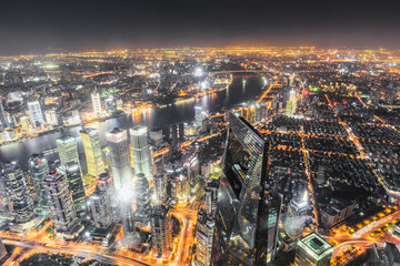 Aerial view of Lujiazui financial district at night in Shanghai,China