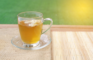 Chrysanthemum juice on sack with copy space.