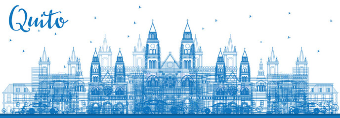 Outline Quito Skyline with Blue Buildings.
