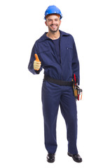 Happy smiling worker thumbs up on a white background