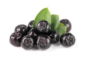 Chokeberry with leaf isolated on white background. Black aronia berries