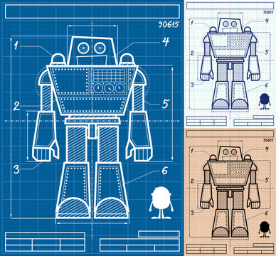 Robot Blueprint Cartoon / Cartoon blueprint of giant robot in 3 versions. 