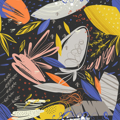 Abstract seamless pattern with scribble textures and doodle floral elements. Vector illustration.