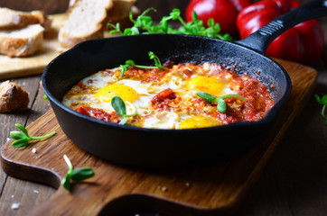 Shakshuka, Fried Eggs with Tomato Sauce in a Pan, Rustic Style and Wooden Background