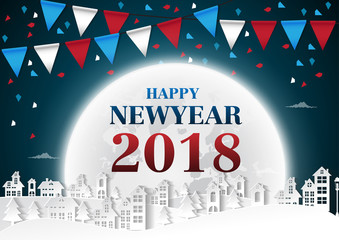 Party Happy new year 2018 on urban and full moon background with flags,vector illustration.