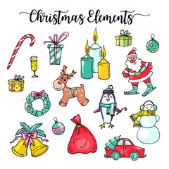 Naklejka premium Christmas Hand Drawn Elements. Winter flowers and jingle bells..