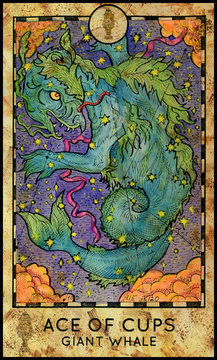 Giant sky whale. Minor Arcana Tarot Card. Ace of Cups. Fantasy graphic illustration