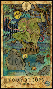 Ghoul. Minor Arcana Tarot Card. Four of Cups. Fantasy graphic illustration