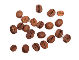Coffee beans isolated on white background. Top view