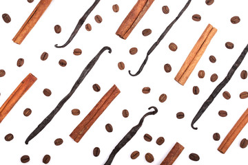 Vanilla sticks, cinnamon, coffee beans isolated on white background. Composition